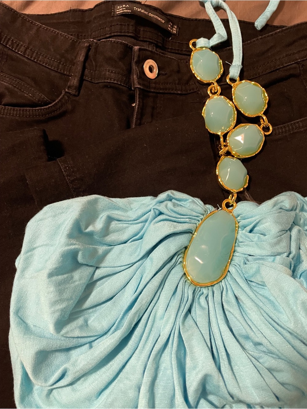 Zara black denim jeans size 6/Boston Proper Turquoise Halter top w/Gems Womens M - Picture 3 of 9